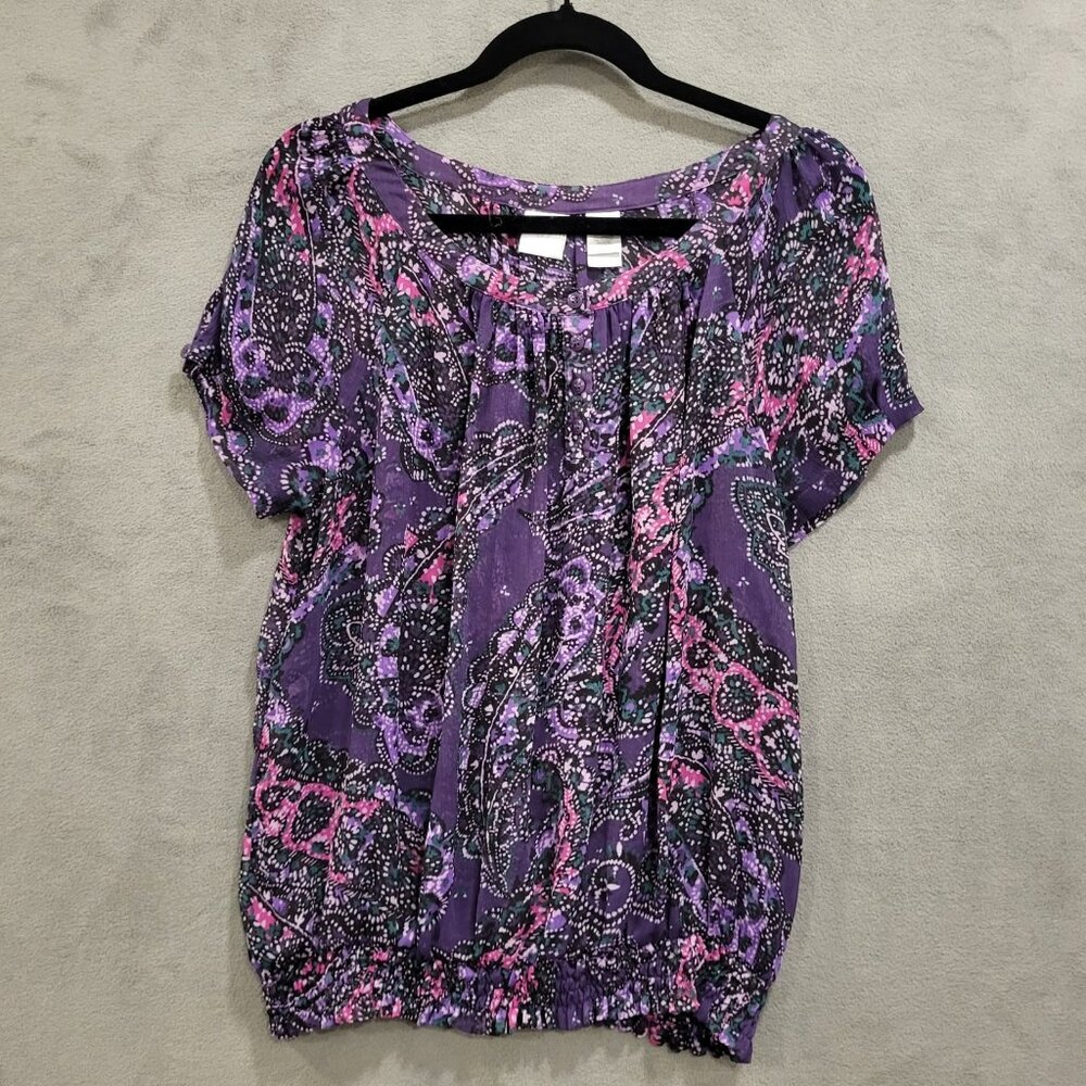 Emma James Sheer Blouson Top Wome's Size Large Paisley Blouse Short‎ Sleeves